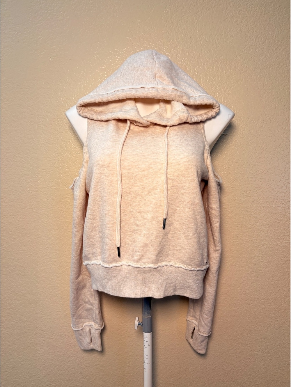 Y2K Hollister Small Beige Cold Shoulder Hoodie Sweatshirt #11